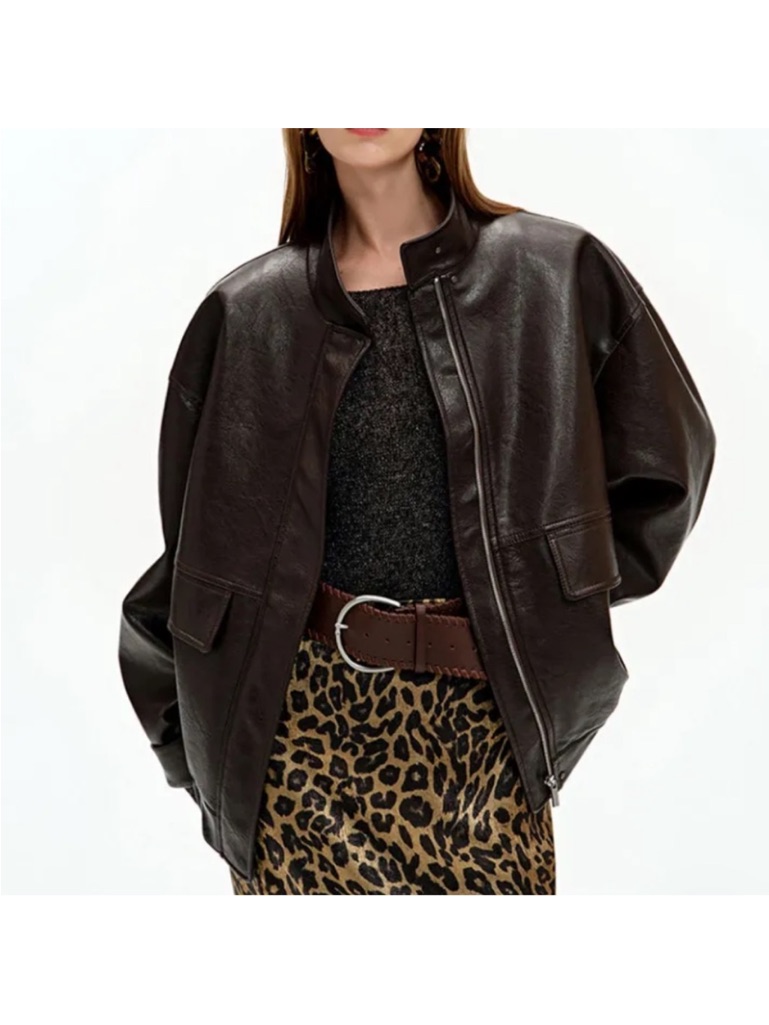 Roselingling Oversized Faux Leather Moto Bomber Jacket Brown Xs